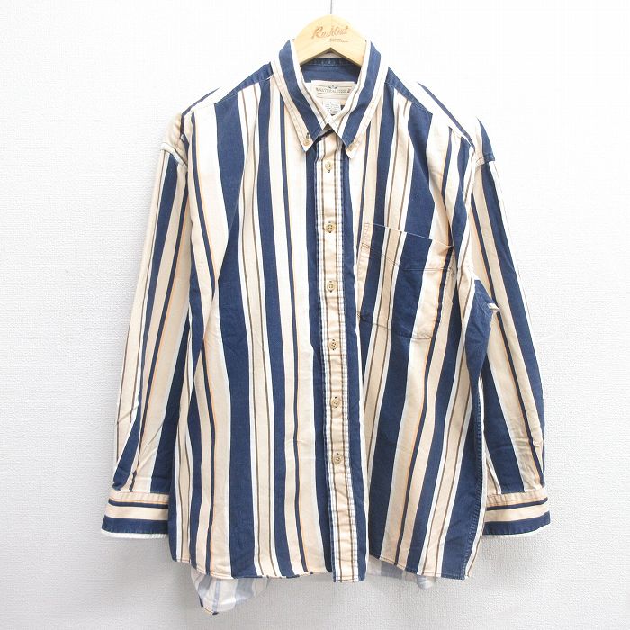 XL★古着 長袖 シャツ メンズ 90年代 90s 大きいサイズ コットン ボタンダウン 紺他 ネイビー ストライプ 25apr18 中古 トップス