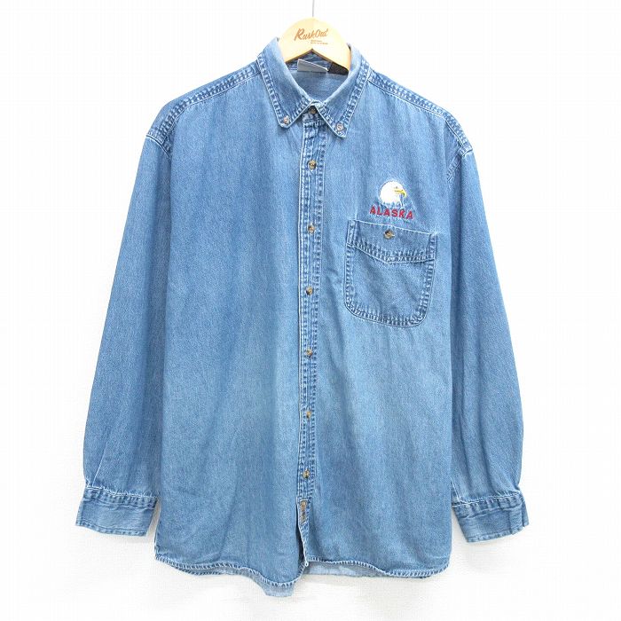 XL★古着 長袖 シャツ メンズ 00年代 00s 鳥 アラスカ コットン ボタンダウン 紺 ネイビー デニム 【spe】 25apr21 中古 トップス