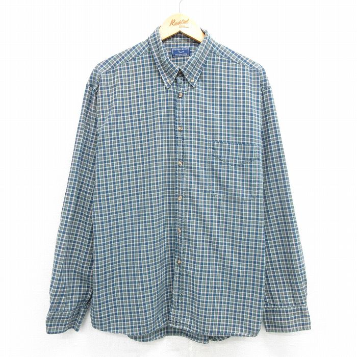 XL★古着 長袖 シャツ メンズ 00年代 00s 大きいサイズ コットン ボタンダウン 緑他 グリーン チェック 25apr21 中古 トップス