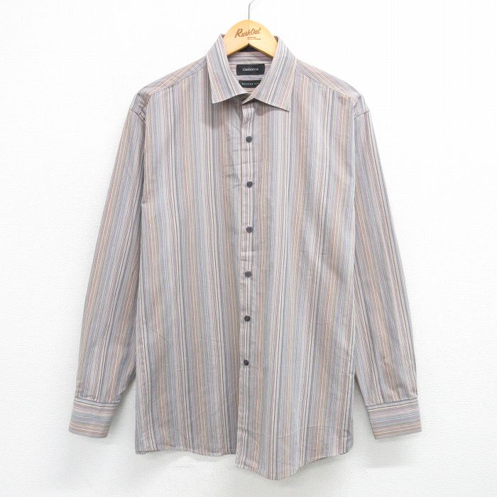 XL★古着 長袖 シャツ メンズ 大きいサイズ コットン ベージュ他 カーキ ストライプ 25apr21 中古 トップス