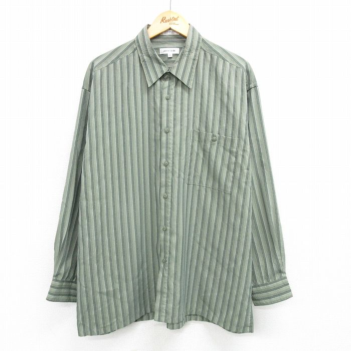 XL★古着 ピエールカルダン pierre cardin 長袖 シャツ メンズ 90年代 90s 大きいサイズ レーヨン 濃緑他 グリーン ストライプ 25apr21 中古 トップス