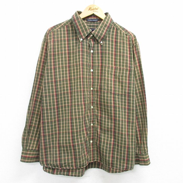 XL★古着 長袖 シャツ メンズ 大きいサイズ コットン ボタンダウン 緑他 グリーン チェック 25apr19 中古 トップス