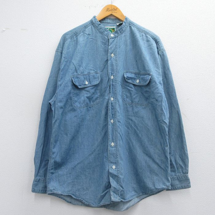 XL★古着 長袖 シャツ メンズ 00年代 00s コットン ノーカラー 薄紺 ネイビー デニム 【spe】 25apr19 中古 トップス
