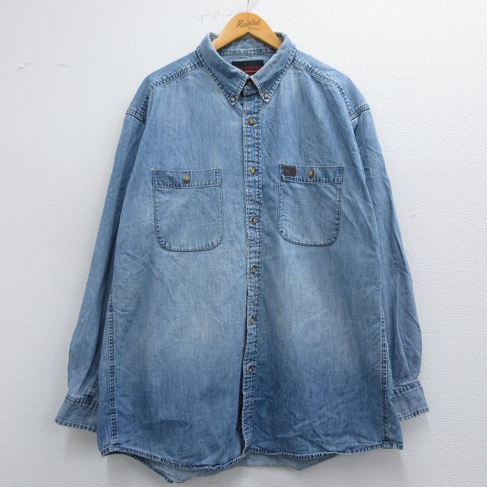XL★古着 ラングラー Wrangler 長袖 シャツ メンズ 大きいサイズ ロング丈 ボタンダウン 薄紺 ネイビー デニム 25apr19 中古 トップス