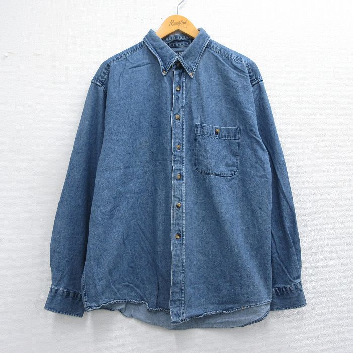 XL★古着 アロー 長袖 シャツ メンズ 大きいサイズ コットン ボタンダウン 紺 ネイビー デニム 25apr19 中古 トップス