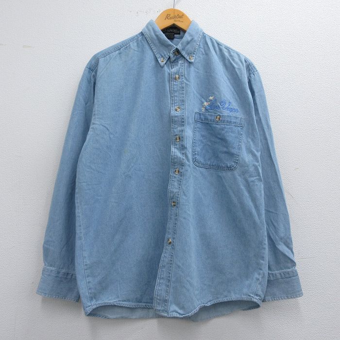 L★古着 長袖 シャツ メンズ ラスベガス 花 コットン ボタンダウン 薄紺 ネイビー デニム 25apr19 中古 トップス