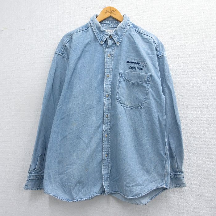 XL★古着 マンシングウェア 長袖 シャツ メンズ Mckesson HBOC コットン ボタンダウン 薄紺 ネイビー デニム 25apr19 中古 トップス