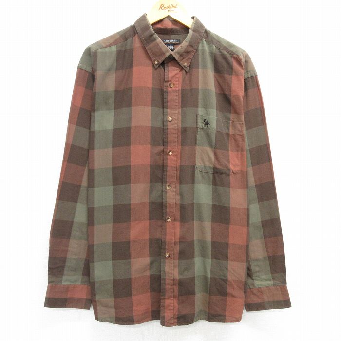 XL★古着 長袖 シャツ メンズ 大きいサイズ ボタンダウン 茶他 ブラウン チェック 25apr21 中古 トップス
