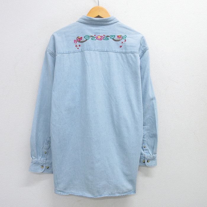 【50%OFF】XL★古着 長袖 シャツ メンズ 90年代 90s 花 手縫い刺? 大きいサイズ コットン ボタンダウン 薄紺 ネイビー デニム 25apr21 中古 トップス