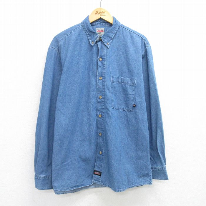 XL★古着 ディッキーズ Dickies 長袖 シャツ メンズ コットン ボタンダウン 紺 ネイビー デニム 【spe】 25apr21 中古 トップス