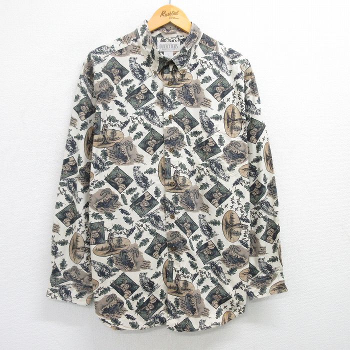 【50%OFF】XL★古着 長袖 シャツ メンズ ハンティング シカ 総柄 大きいサイズ コットン ベージュ他 カーキ 25apr21 中古 トップス