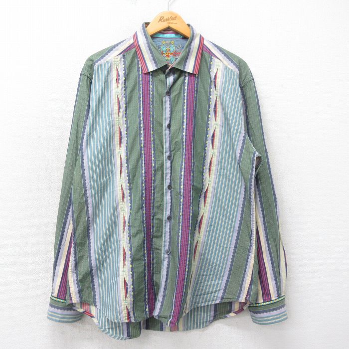 L★古着 長袖 シャツ メンズ コットン 緑他 グリーン ストライプ 25apr23 中古 トップス