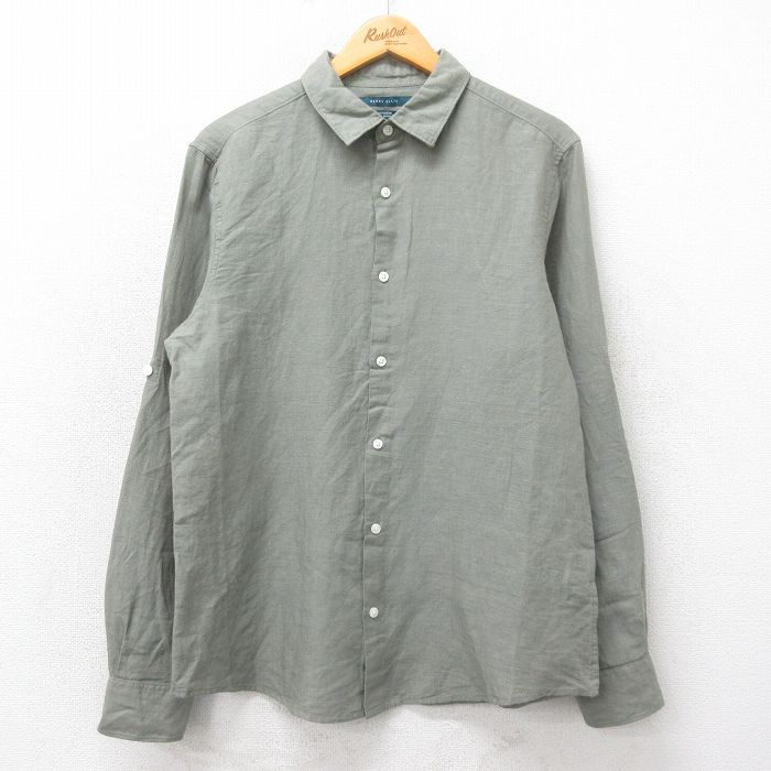 M★古着 ペリーエリス 長袖 シャツ メンズ リネン 緑系 グリーン 25apr23 中古 トップス
