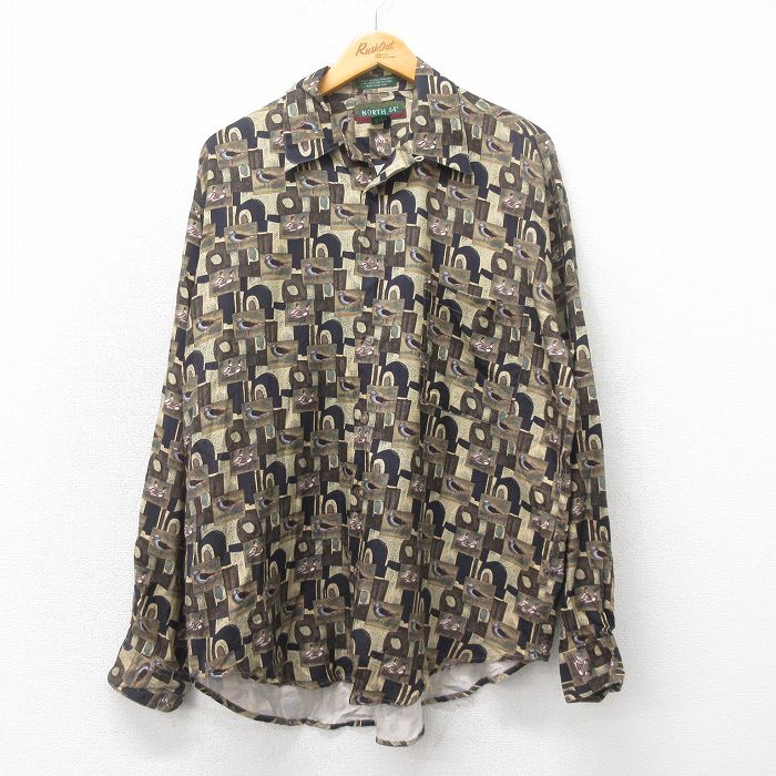 L★古着 長袖 シャツ メンズ 00年代 00s 鳥 総柄 シルク 開襟 オープンカラー 茶他 ブラウン 25apr23 中古 トップス