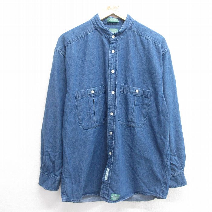 M★古着 長袖 シャツ メンズ 90年代 90s コットン ノーカラー 紺 ネイビー デニム 【spe】 25apr23 中古 トップス