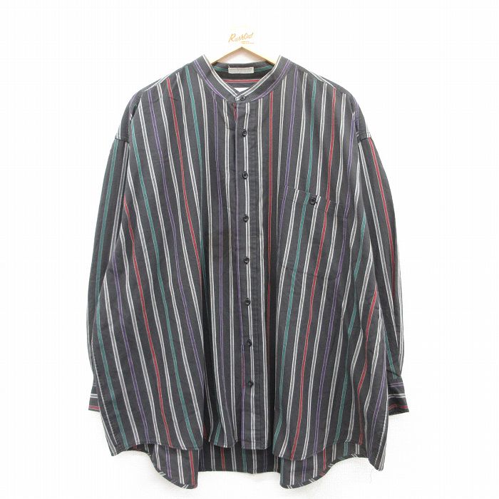 XL★古着 キングサイズ 長袖 シャツ メンズ 90年代 90s 大きいサイズ ノーカラー 黒他 ブラック ストライプ 【spe】 25apr23 中古 トップス