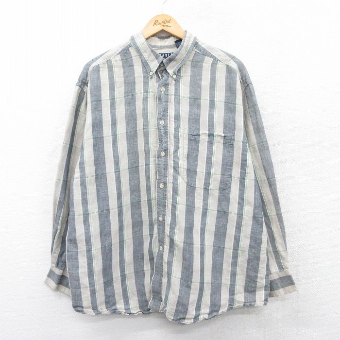 XL★古着 長袖 シャツ メンズ 00年代 00s 大きいサイズ リネン ボタンダウン 紺系他 ネイビー チェック 25apr23 中古 トップス