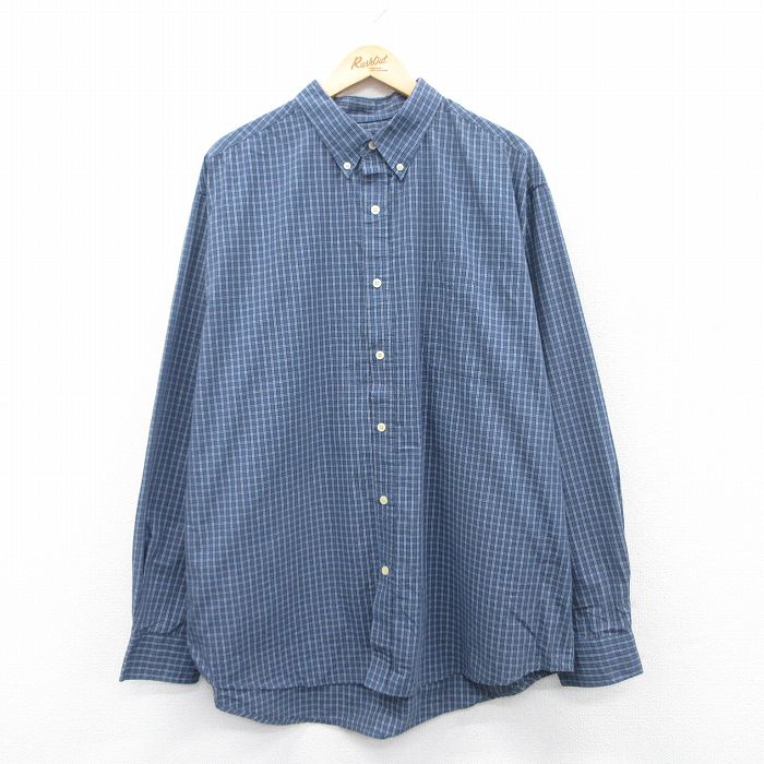 XL★古着 ピューリタン 長袖 シャツ メンズ 00年代 00s 大きいサイズ ロング丈 ボタンダウン 紺他 ネイビー チェック 25apr23 中古 トップス