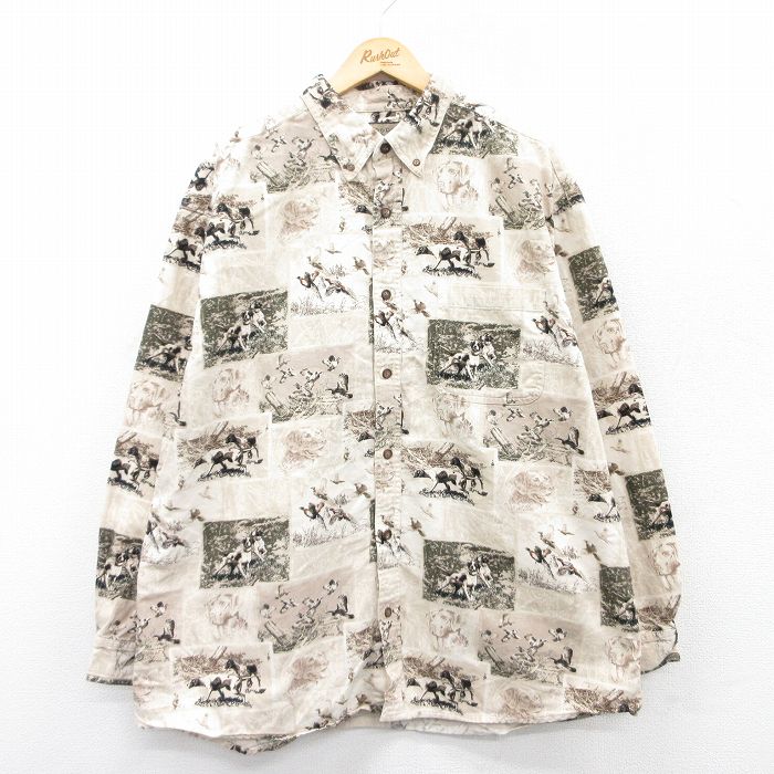 XL★古着 長袖 シャツ メンズ 犬 鳥 大きいサイズ ロング丈 コットン ボタンダウン ベージュ他 カーキ 25apr23 中古 トップス