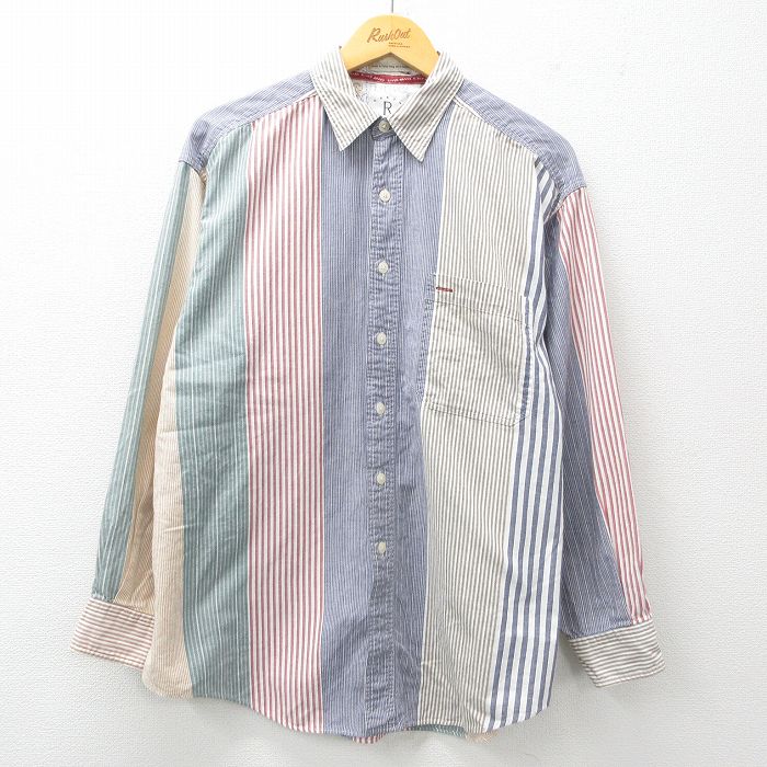 【50%OFF】XL★古着 アロー 長袖 シャツ メンズ 90年代 90s マルチカラー ロング丈 コットン 紺他 ネイビー ストライプ 【spe】 25apr25 中古 トップス
