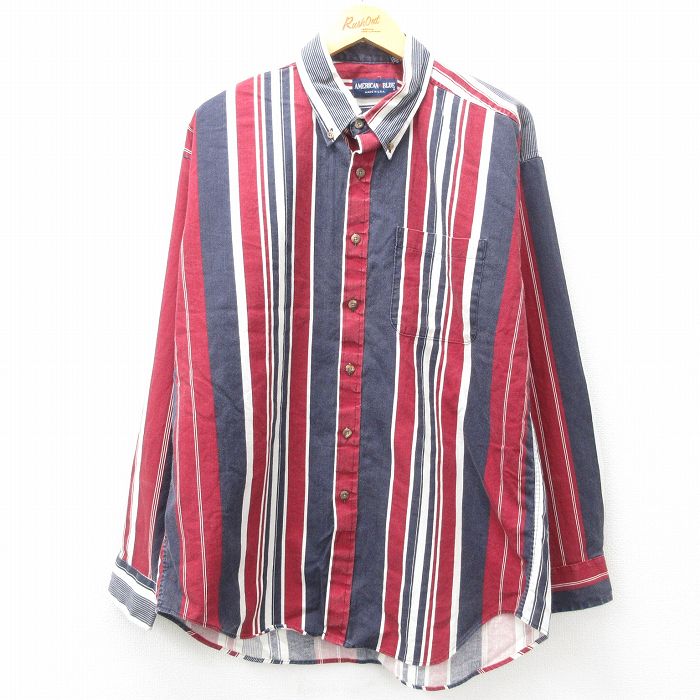 XL★古着 長袖 シャツ メンズ 90年代 90s ロング丈 コットン ボタンダウン USA製 紺他 ネイビー ストライプ 25apr25 中古 トップス