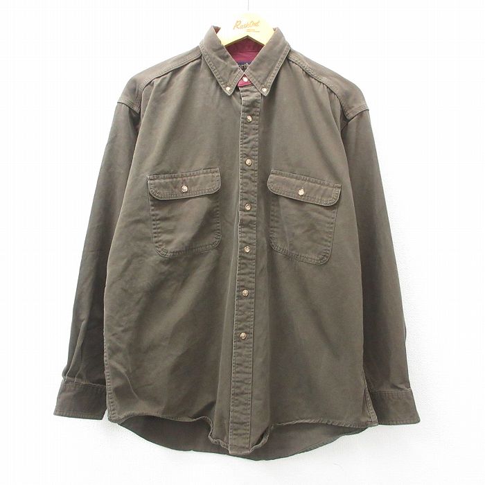 XL★古着 長袖 シャツ メンズ 90年代 90s コットン ボタンダウン カナダ製 茶系 ブラウン 25apr25 中古 トップス