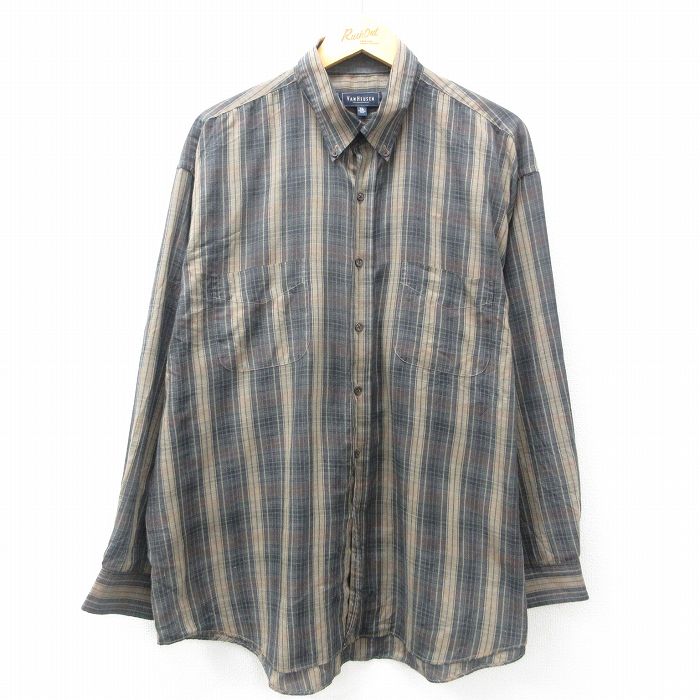 XL★古着 バンヒューセン 長袖 シャツ メンズ 大きいサイズ ボタンダウン ベージュ他 カーキ チェック 25apr25 中古 トップス