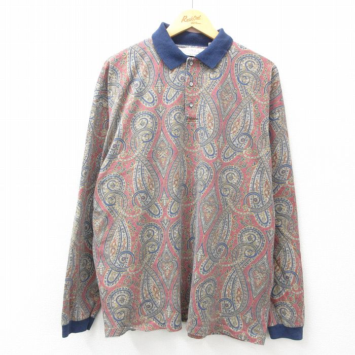 XL★古着 長袖 ポロ シャツ メンズ 90年代 90s ペイズリー柄 大きいサイズ コットン USA製 赤他 レッド 25apr25 中古 トップス