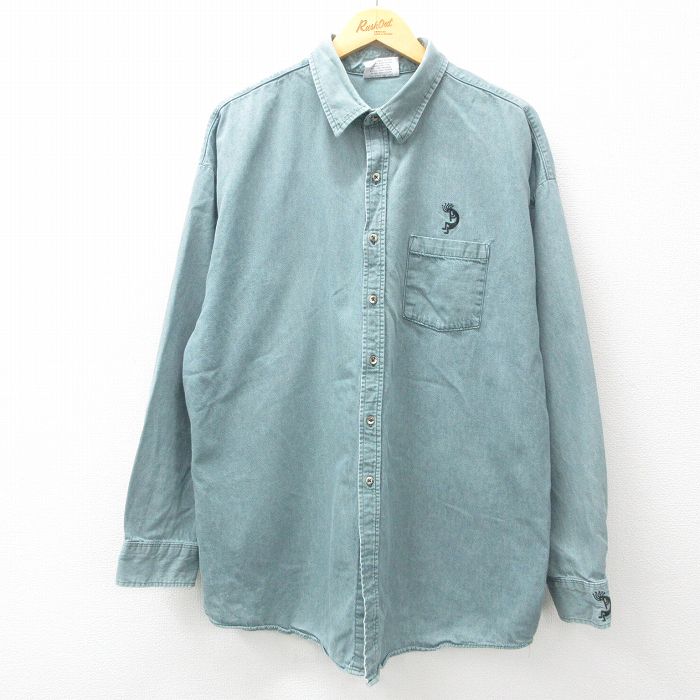 XL★古着 長袖 シャツ メンズ 90年代 90s ココペリ族 コットン USA製 緑 グリーン 25apr25 中古 トップス