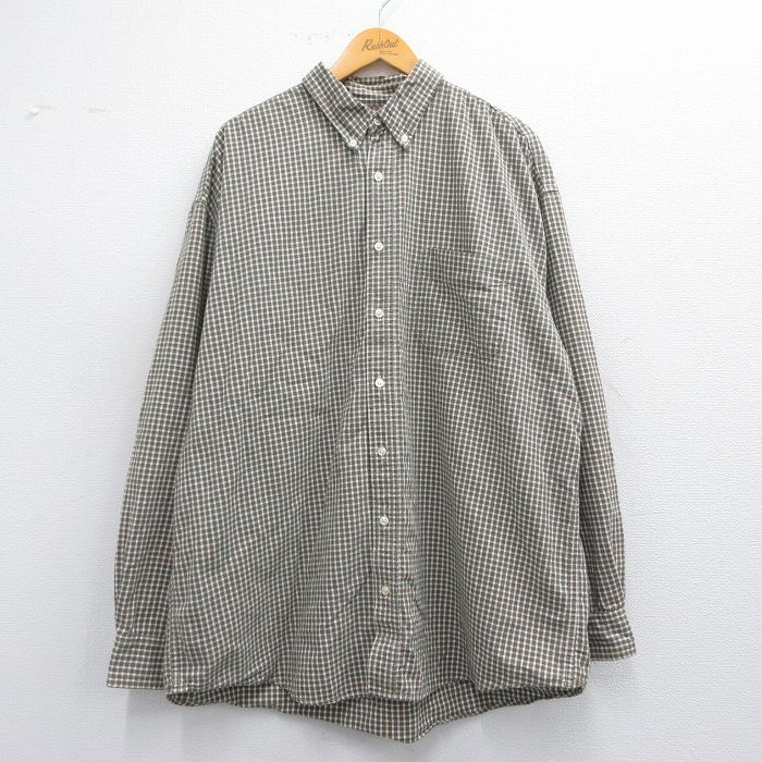 XL★古着 長袖 シャツ メンズ 90年代 90s 大きいサイズ ロング丈 コットン ボタンダウン 緑他 グリーン チェック 25apr25 中古 トップス