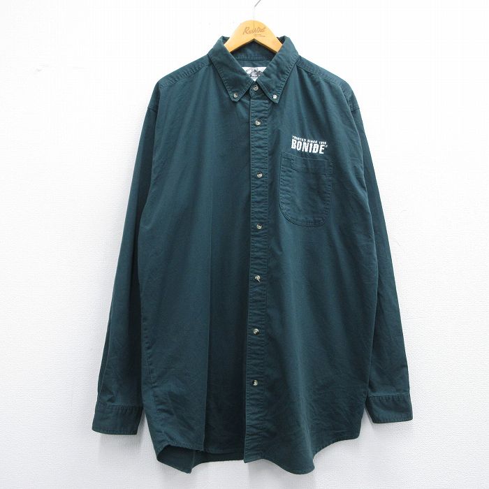 XL★古着 長袖 シャツ メンズ 00年代 00s BONIDE 大きいサイズ ロング丈 ボタンダウン 濃緑 グリーン 25apr25 中古 トップス