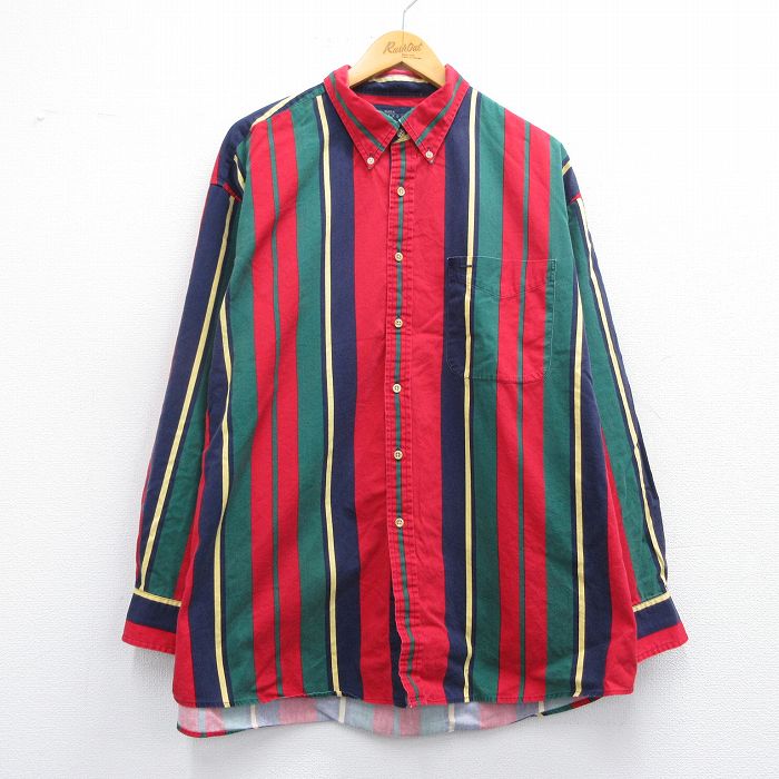 XL★古着 長袖 シャツ メンズ 00年代 00s 大きいサイズ コットン ボタンダウン 赤他 レッド ストライプ 【spe】 25apr25 中古 トップス