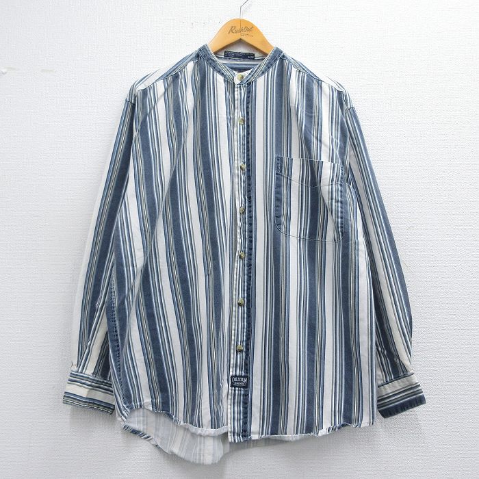XL★古着 長袖 シャツ メンズ 90年代 90s コットン ノーカラー 白他 ホワイト ストライプ 25apr25 中古 トップス