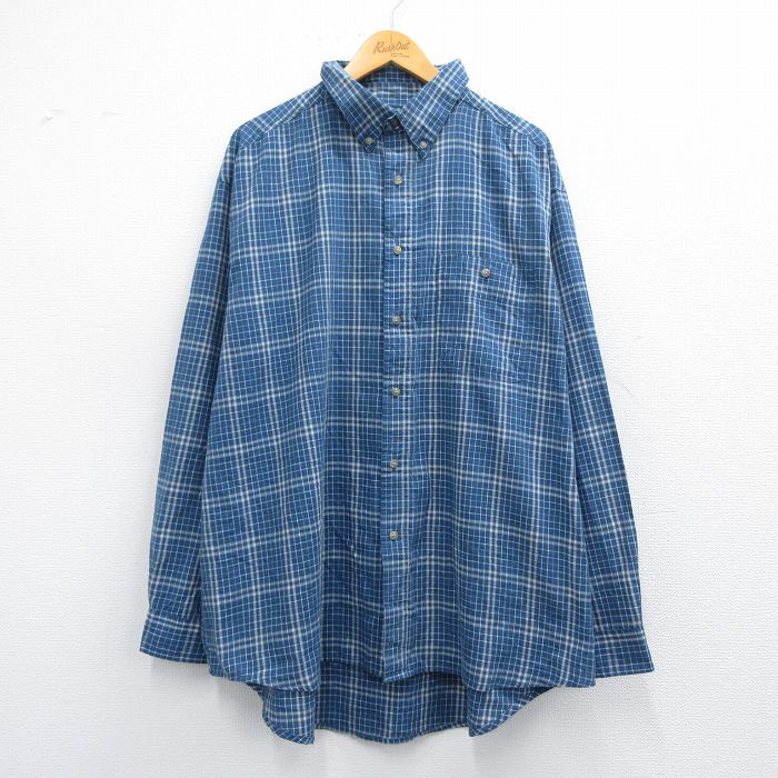 XL★古着 ラングラー Wrangler 長袖 シャツ メンズ 大きいサイズ ボタンダウン 紺他 ネイビー チェック 25apr28 中古 トップス