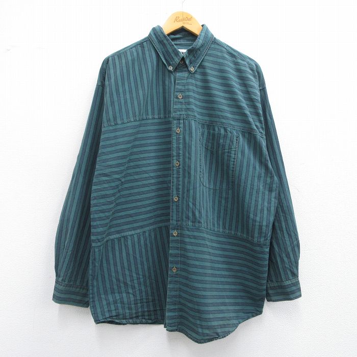 XL★古着 ギタノ 長袖 シャツ メンズ 90年代 90s 大きいサイズ ロング丈 コットン ボタンダウン 緑他 グリーン 【spe】 25apr28 中古 トップス