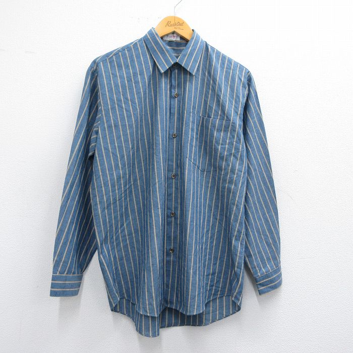 【20%OFF】L★古着 長袖 シャツ メンズ 90年代 90s 紺他 ネイビー ストライプ 25apr28 中古 トップス