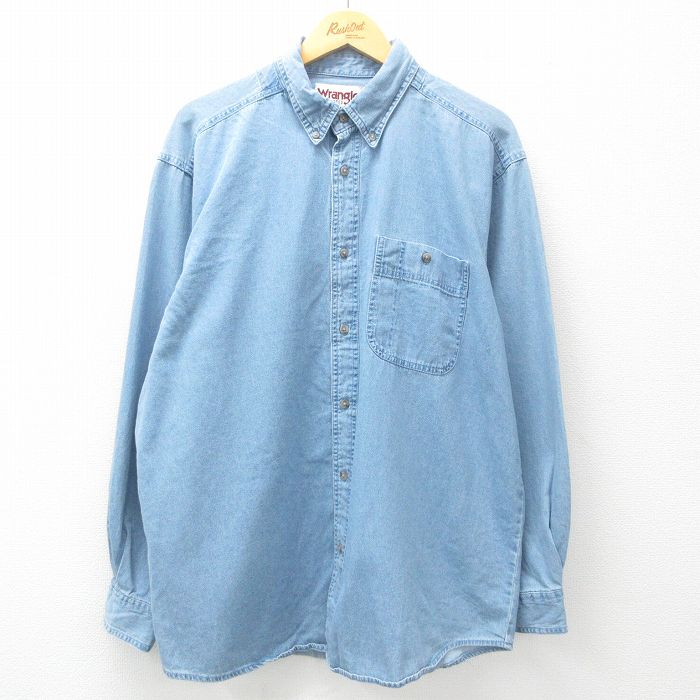 XL★古着 ラングラー Wrangler 長袖 シャツ メンズ 大きいサイズ ロング丈 ボタンダウン 紺 ネイビー デニム 【spe】 25may08 中古 トップス