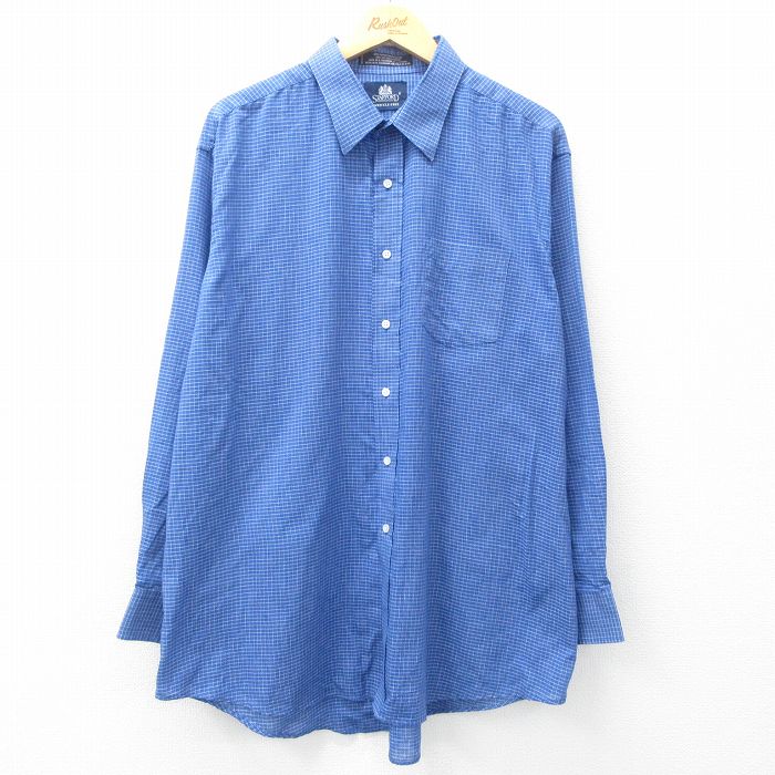 XL★古着 長袖 シャツ メンズ 大きいサイズ ロング丈 紺他 ネイビー チェック 25may08 中古 トップス