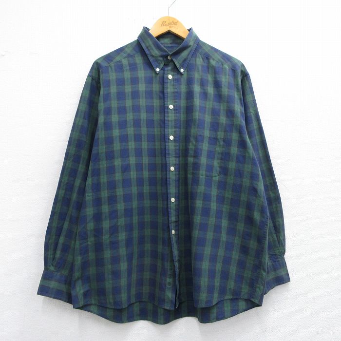 【50%OFF】XL★古着 長袖 シャツ メンズ 大きいサイズ ボタンダウン 紺他 ネイビー チェック 25may12 中古 トップス