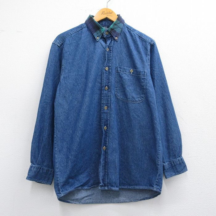 L★古着 長袖 シャツ メンズ 90年代 90s コットン ボタンダウン USA製 紺 ネイビー デニム他 【spe】 25may12 中古 トップス