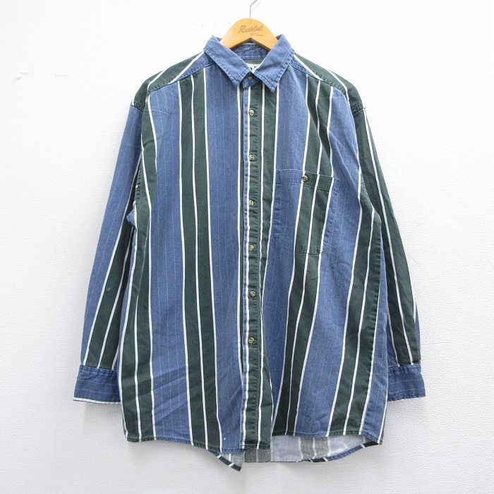 L★古着 長袖 シャツ メンズ 90年代 90s ロング丈 コットン 紺他 ネイビー ストライプ 25may12 中古 トップス
