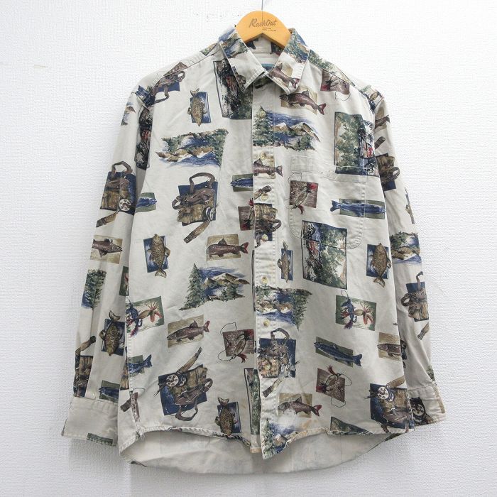 L★古着 ウールリッチ WOOLRICH 長袖 シャツ メンズ 釣り 魚 ルアー 総柄 コットン 薄ベージュ系他 カーキ 25may12 中古 トップス