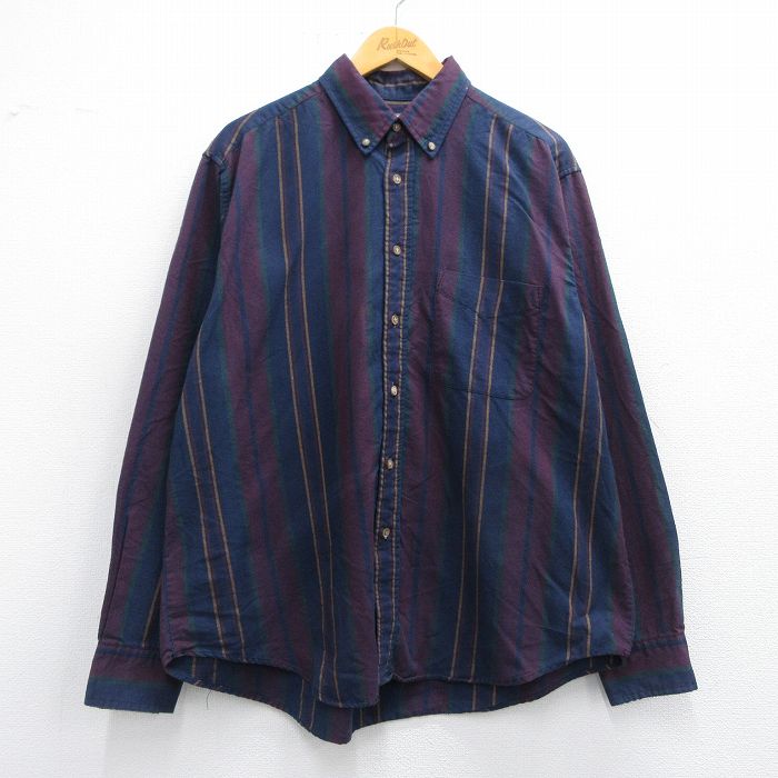XL★古着 長袖 シャツ メンズ 大きいサイズ ボタンダウン 紺他 ネイビー ストライプ 25may14 中古 トップス
