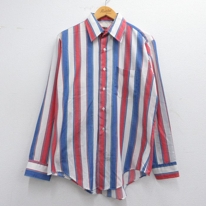 L★古着 マンハッタン 長袖 シャツ メンズ 90年代 90s USA製 白他 ホワイト ストライプ 25may14 中古 トップス