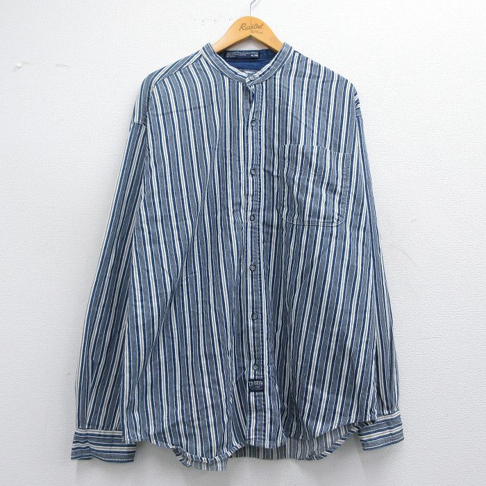 XL★古着 長袖 シャツ メンズ 00年代 00s 大きいサイズ ロング丈 コットン ノーカラー 紺他 ネイビー ストライプ 25may14 中古 トップス