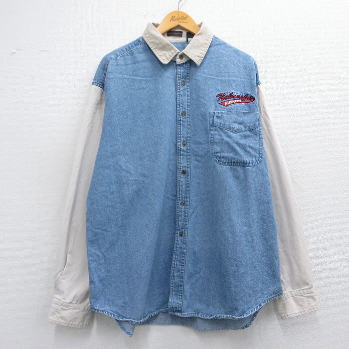 XL★古着 長袖 シャツ メンズ 00年代 00s ネブラスカハスカーズ 大きいサイズ ロング丈 コットン 紺 ネイビー デニム他 25may14 中古 トップス