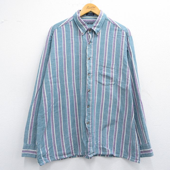 【50%OFF】XL★古着 バンヒューセン 長袖 シャツ メンズ 90年代 90s ワンポイントロゴ コットン ボタンダウン 紺系他 ネイビー ストライプ 25may14 中古 トップス
