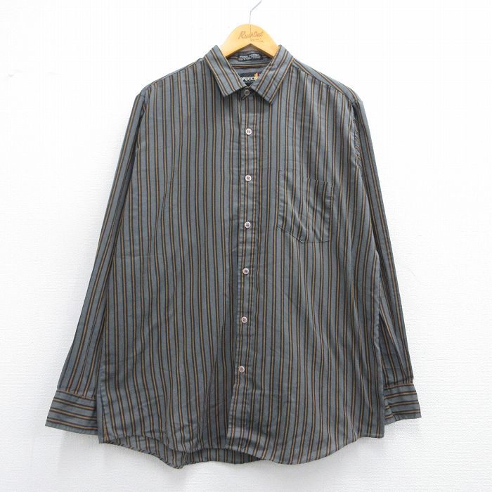XL★古着 長袖 シャツ メンズ 90年代 90s グレー他 ストライプ 25may14 中古 トップス