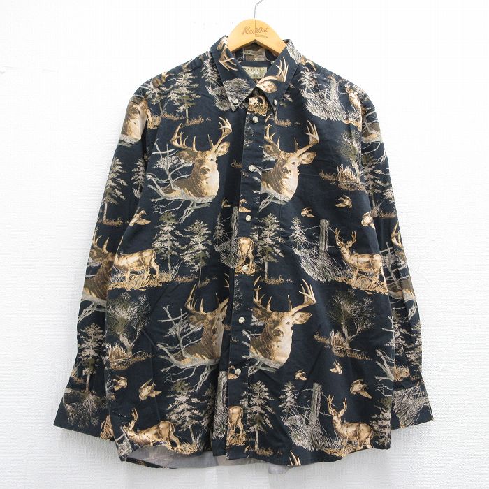 【20%OFF】XL★古着 長袖 シャツ メンズ シカ コットン ボタンダウン 黒他 ブラック 25may14 中古 トップス