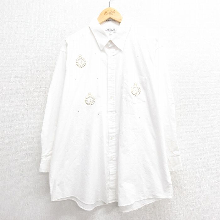 【50%OFF】XL★古着 長袖 シャツ メンズ 大きいサイズ ロング丈 白 ホワイト 25may26 中古 トップス